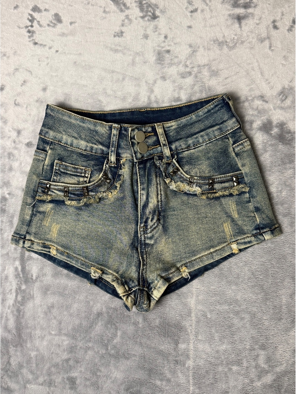 High Waisted Studded Distressed Denim Shorts Double Button Cut Off XS
